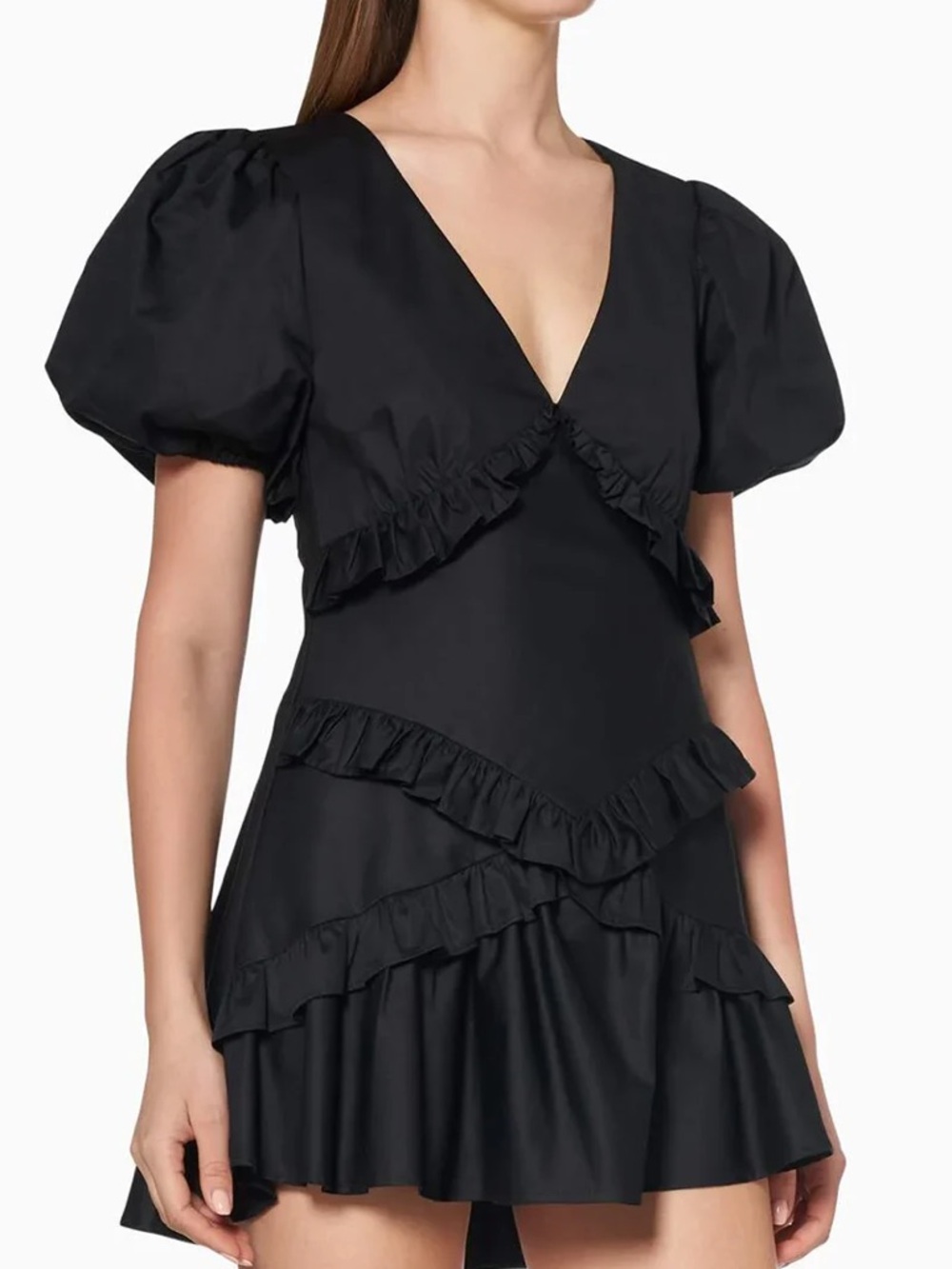 DO+BE Black Puff Sleeve Ruffle V-Neck Mini Dress